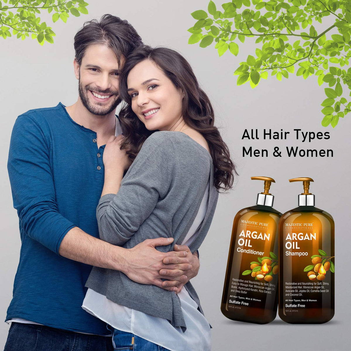 Majestic Pure Argan Oil Shampoo and Conditioner in a bathroom setting