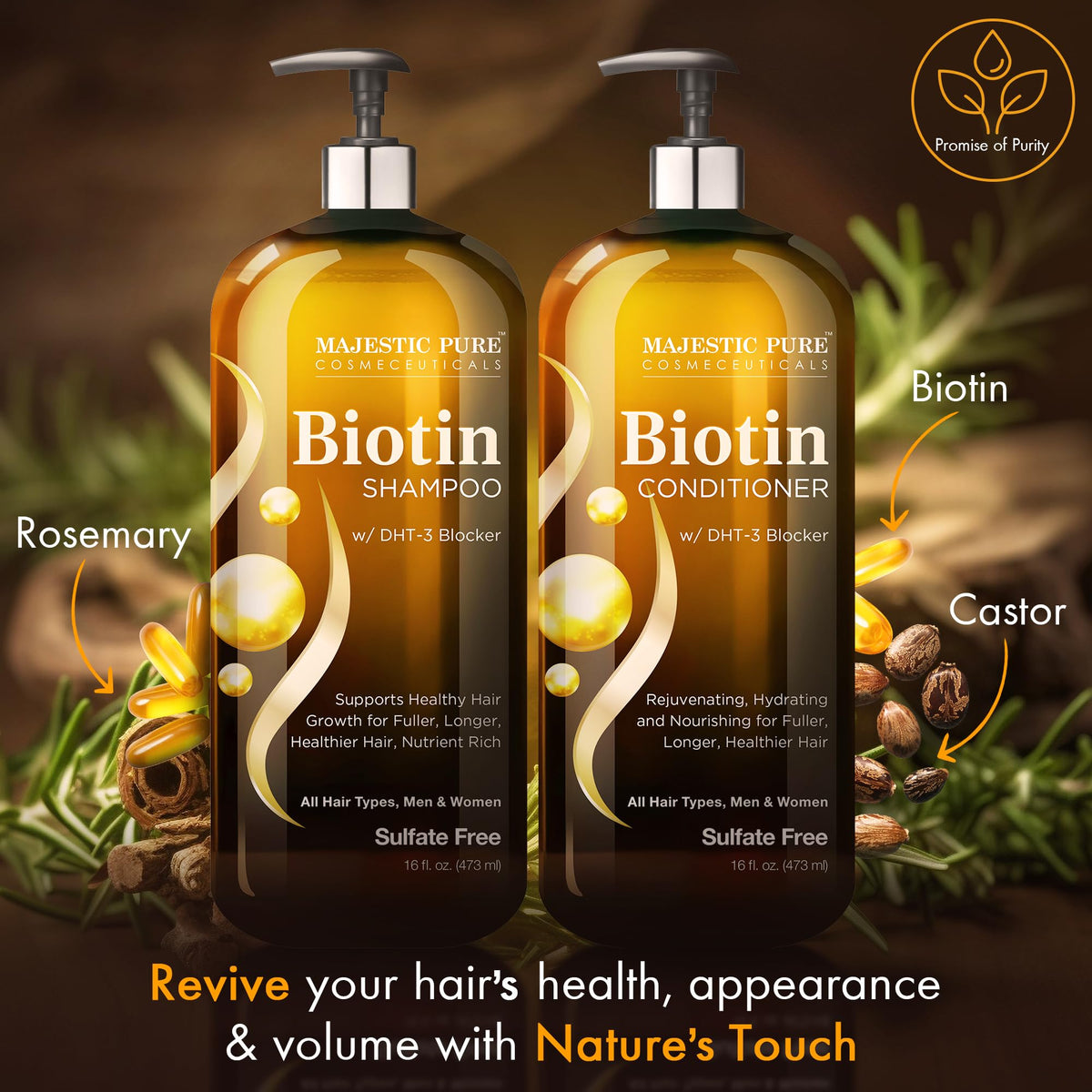 Majestic Pure Biotin Shampoo and Conditioner Set on bathroom shelf