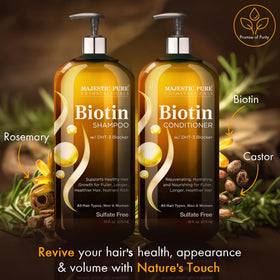 Majestic Pure Biotin Shampoo and Conditioner Set on bathroom shelf