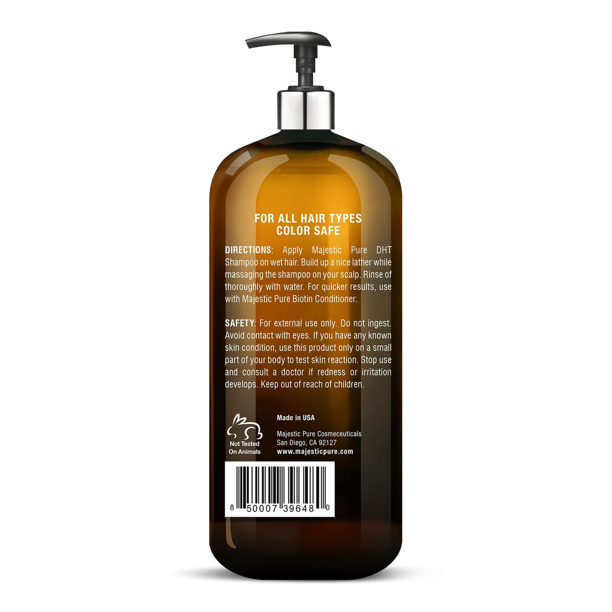 Majestic Pure Biotin Shampoo in a bathroom setting