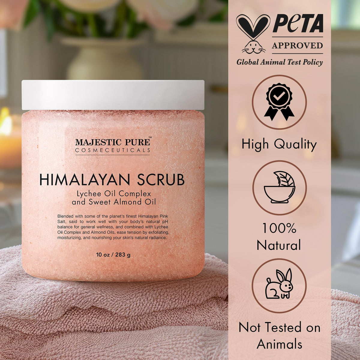 Majestic Pure Himalayan Salt Body Scrub on a wooden surface
