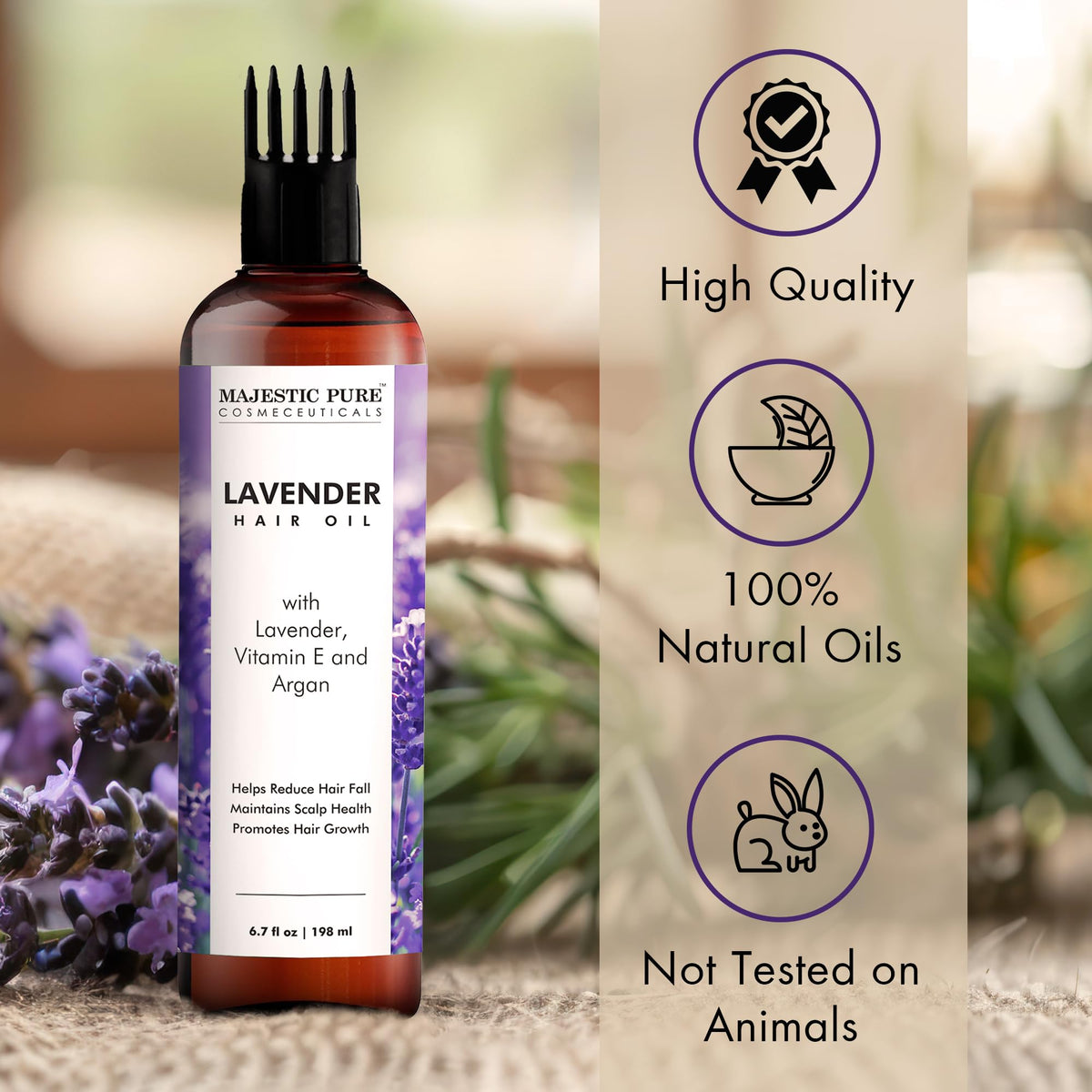 Majestic Pure Lavender Hair Oil with ingredients displayed