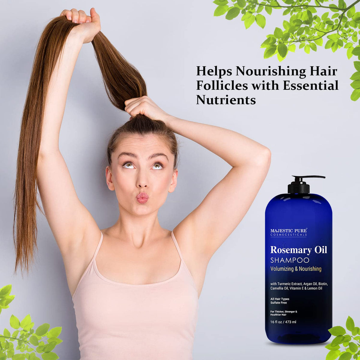 Majestic Pure Rosemary Oil Shampoo with rosemary leaves