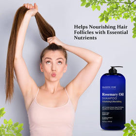Majestic Pure Rosemary Oil Shampoo with rosemary leaves