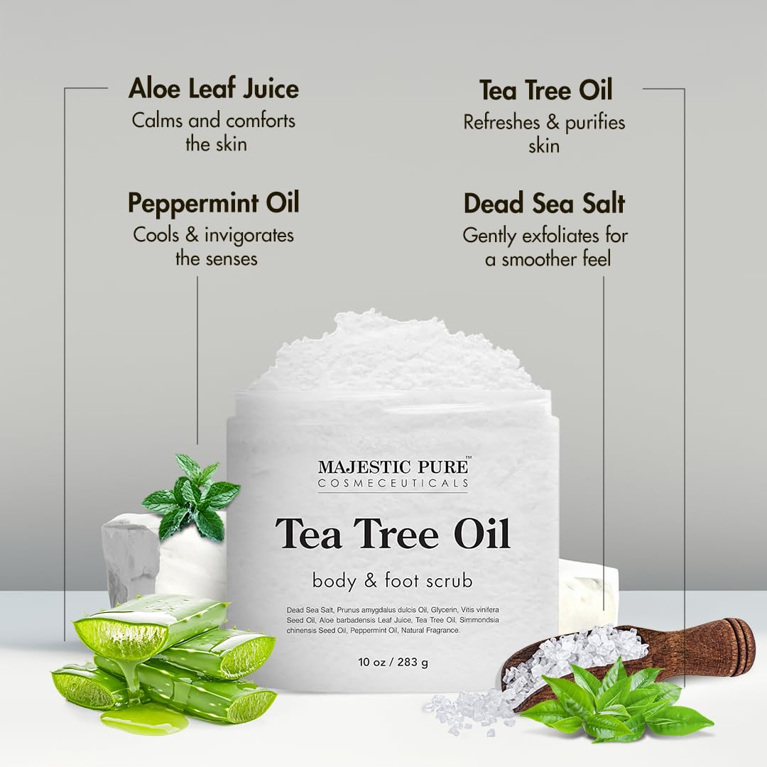 Majestic Pure Tea Tree Foot & Body Scrub 10 oz tub with lid