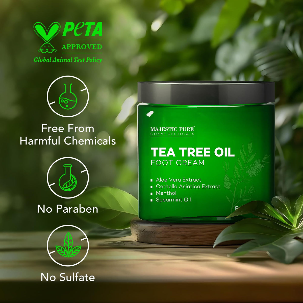 Majestic Pure Tea Tree Foot Cream on bathroom counter