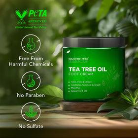 Majestic Pure Tea Tree Foot Cream on bathroom counter