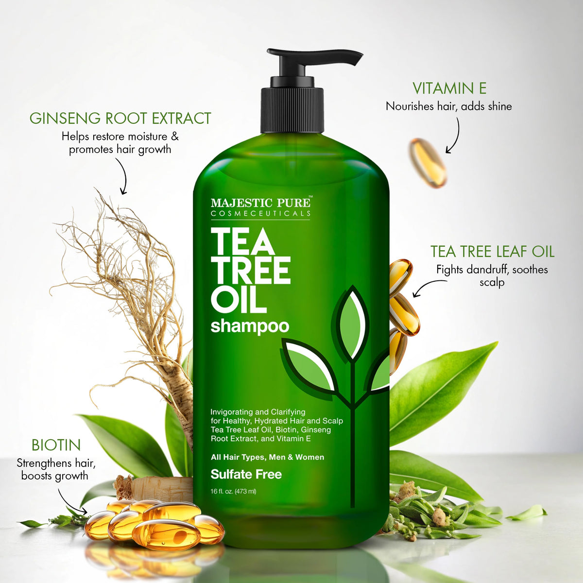 Majestic Pure Tea Tree Shampoo bottle side view