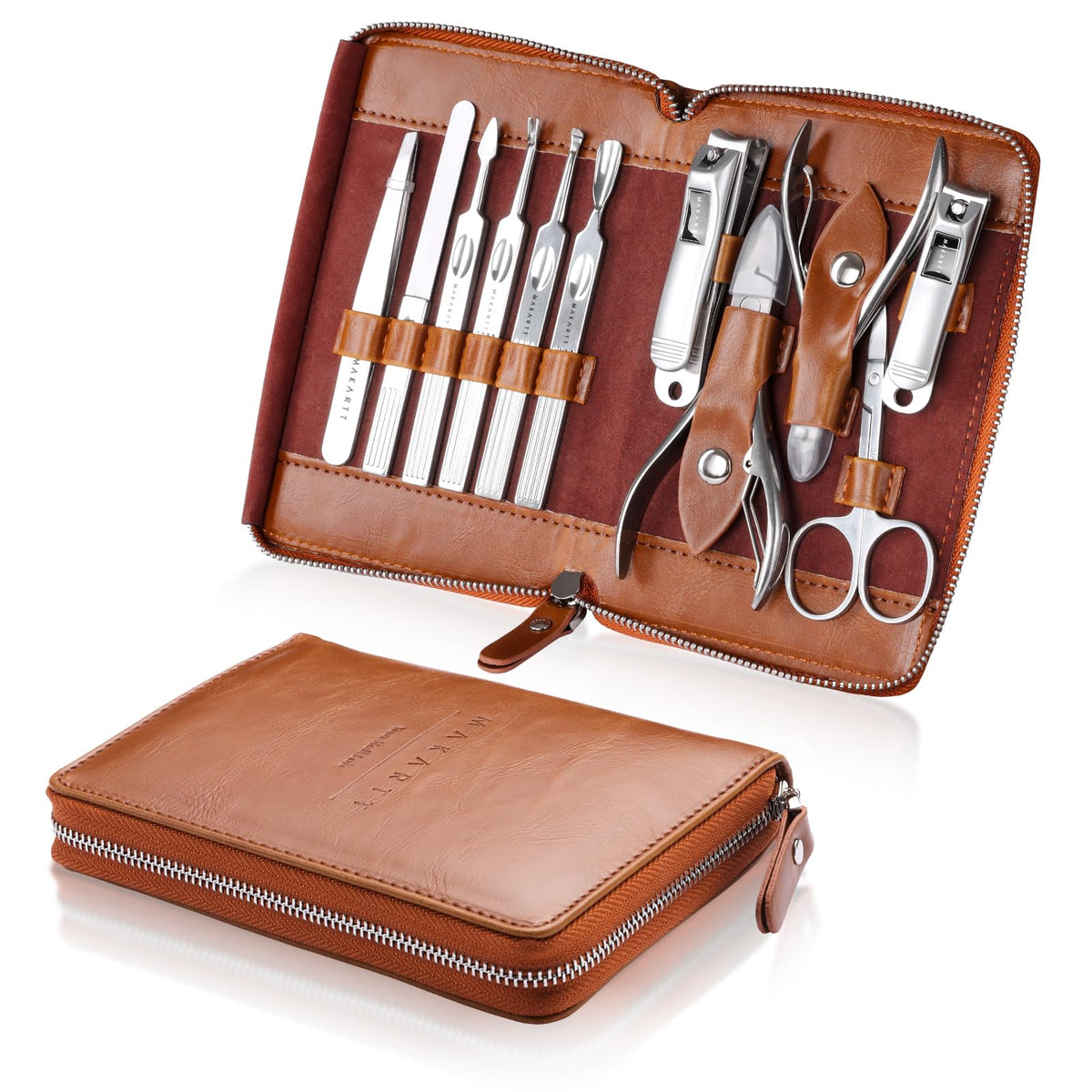 Makartt 11P Stainless Steel Manicure Kit with brown leather case front view