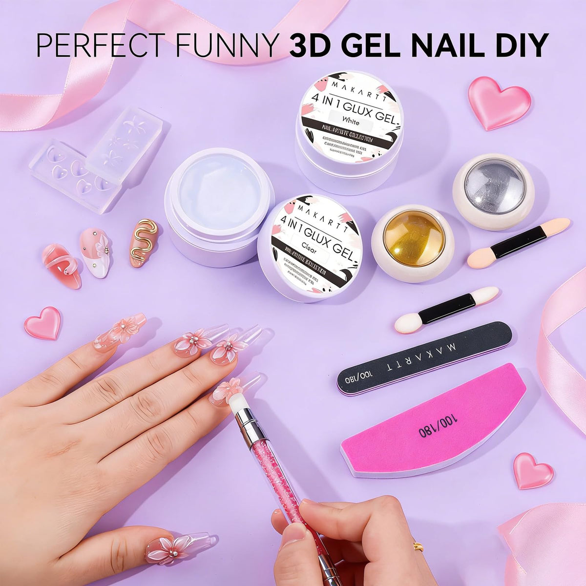 Makartt 3D Gel Nail Art Kit contents including gels and tools