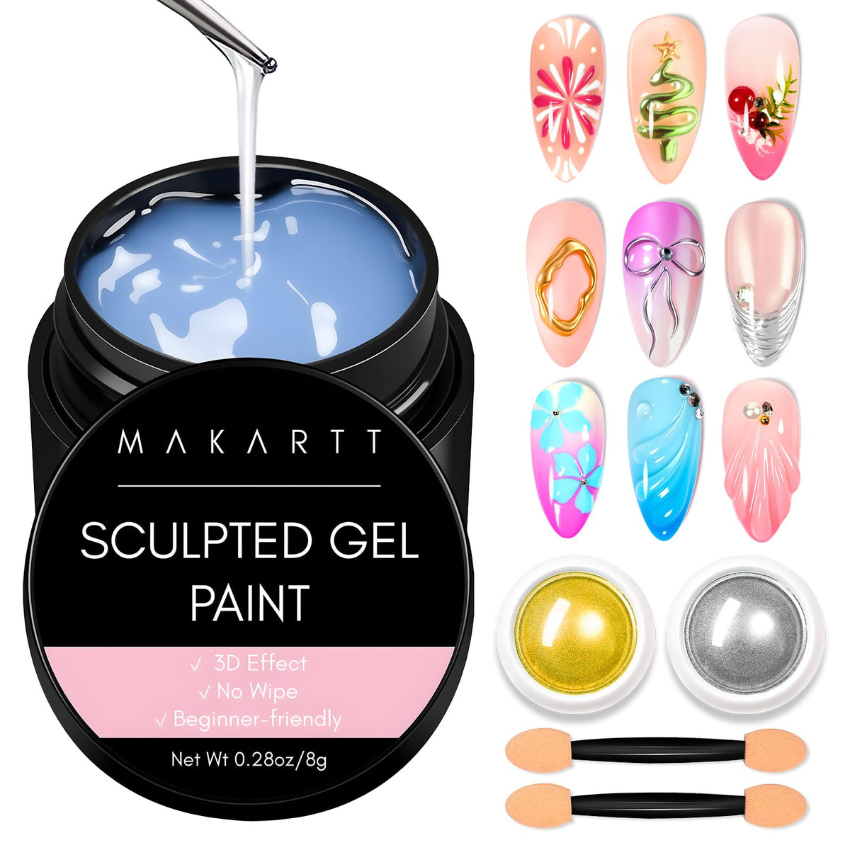 Makartt 3D Gel Nail Art Kit with chrome powders and eyeshadow sticks