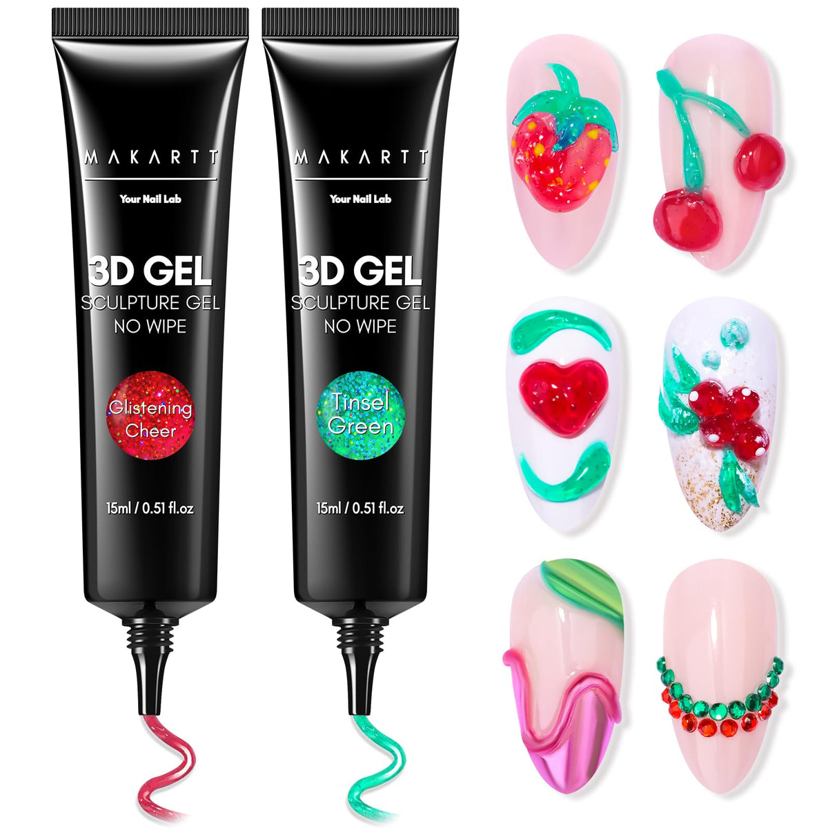 Makartt 3D Nail Gel Set front view with red and green glitter