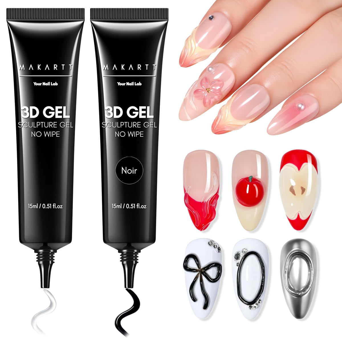 Makartt 3D Nail Gel Set includes clear and black gels in tubes