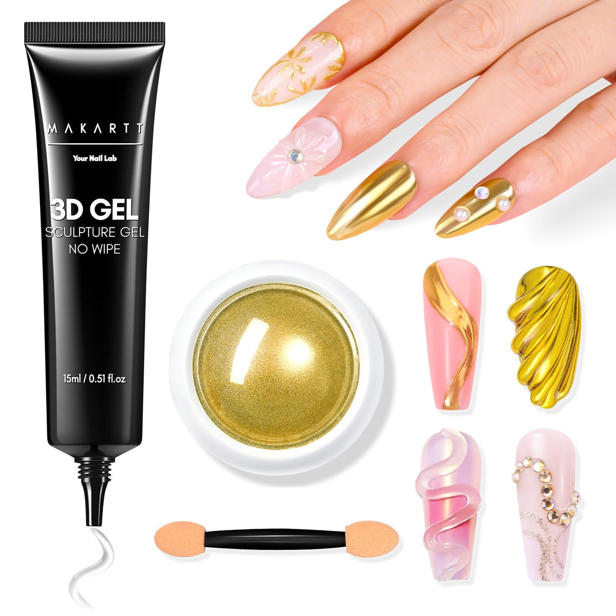 Makartt 3D Nail Gel with gold chrome powder kit front view