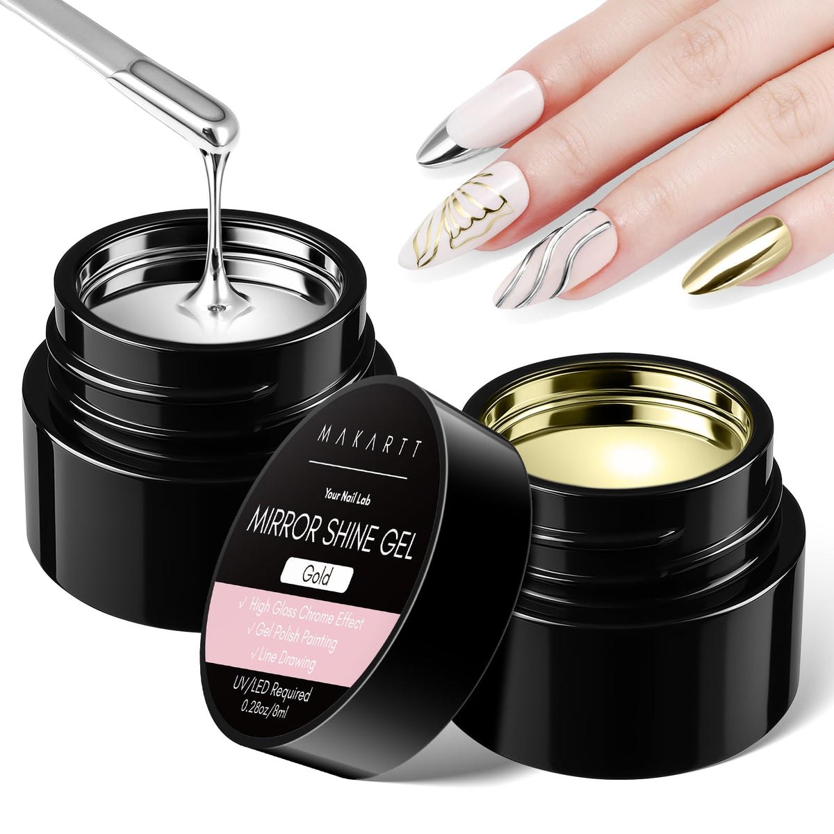 Makartt Chrome Gel Nail Polish Set front view with silver and gold bottles