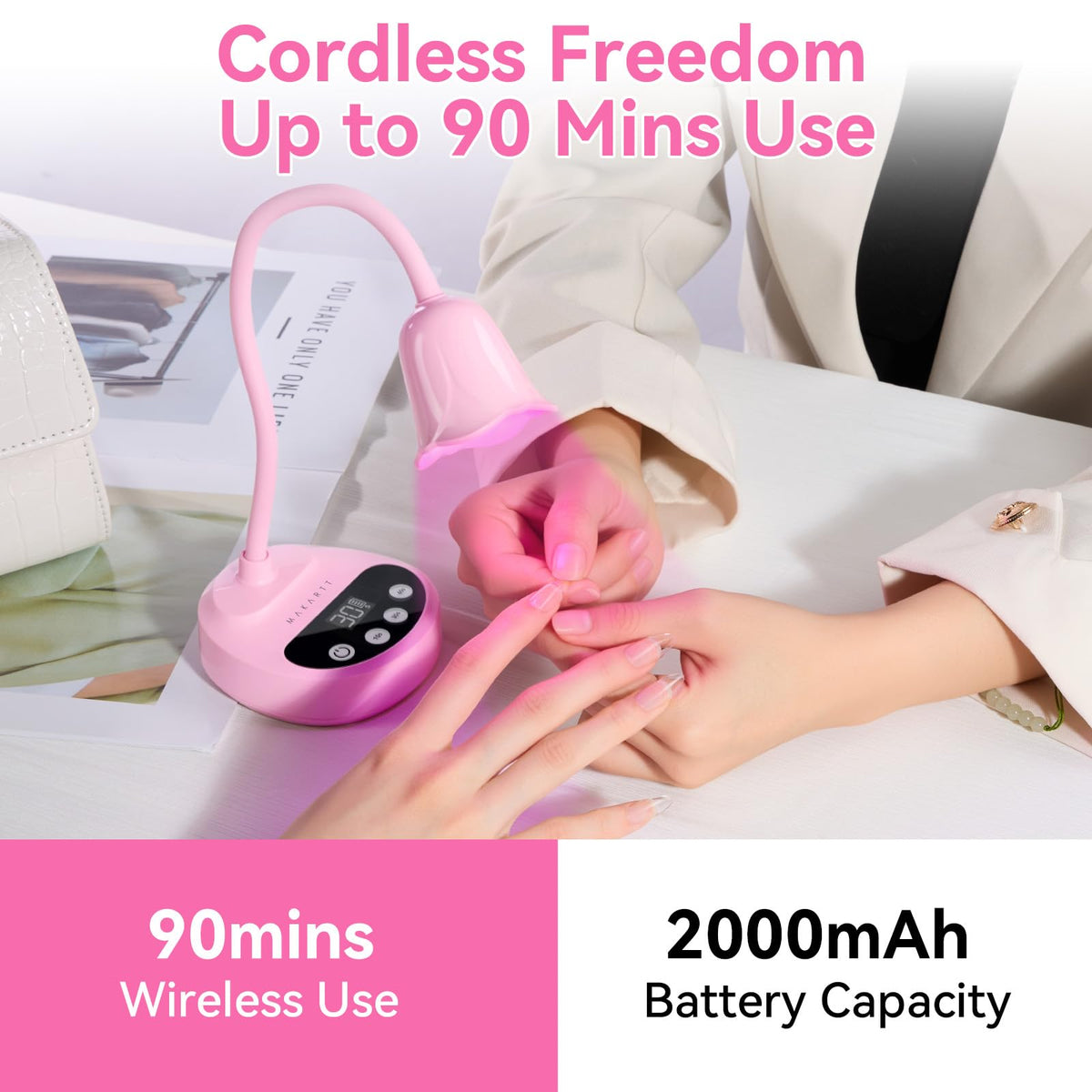 Makartt Cordless UV Nail Lamp with LCD screen displaying timer