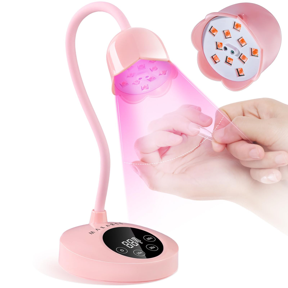 Makartt Gooseneck UV Nail Lamp front view with pink lotus design