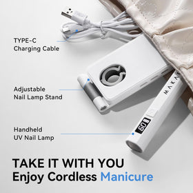 Makartt Handheld UV Nail Lamp with accessories laid out