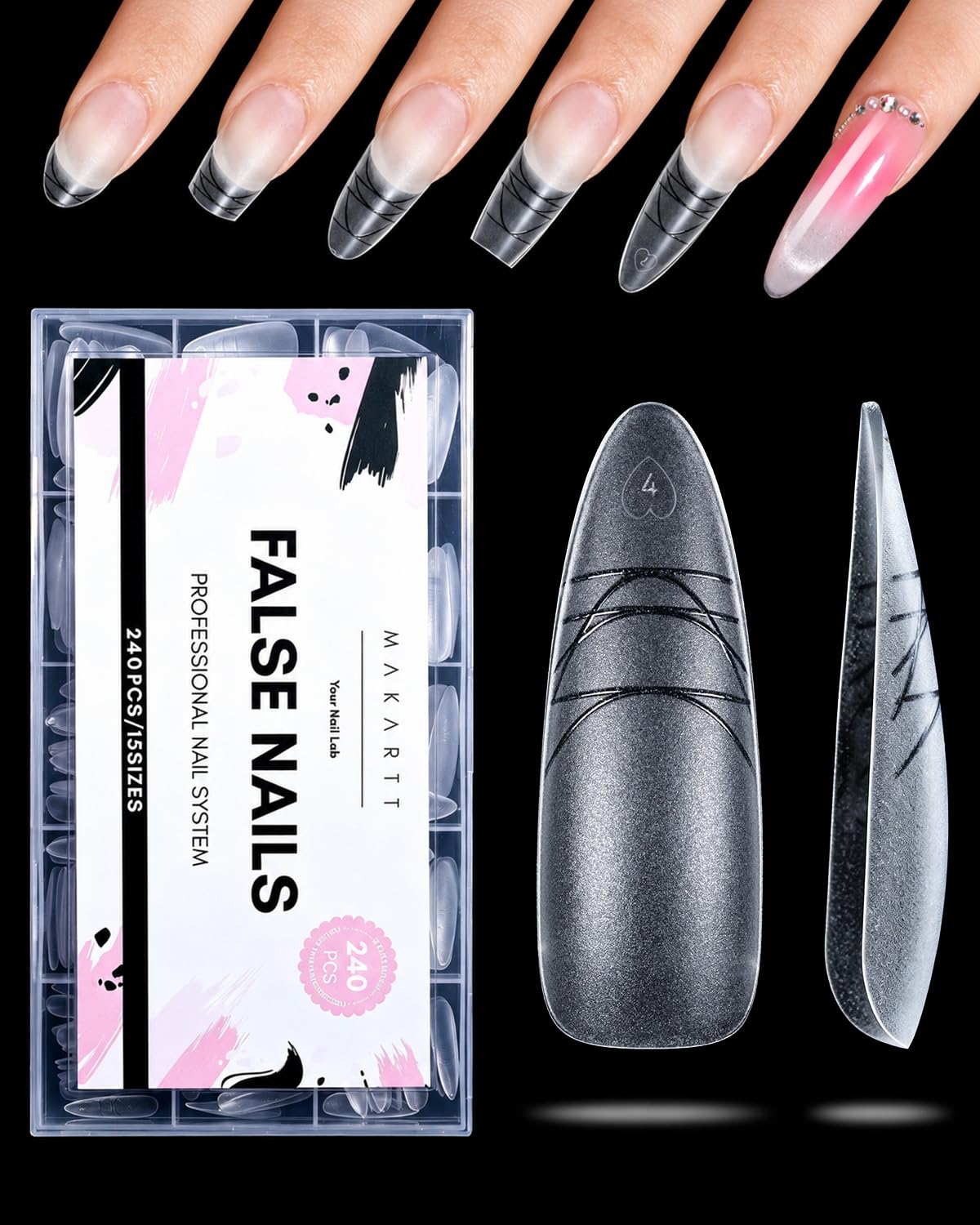 Makartt Long Almond Nail Tips front view with built-in guides