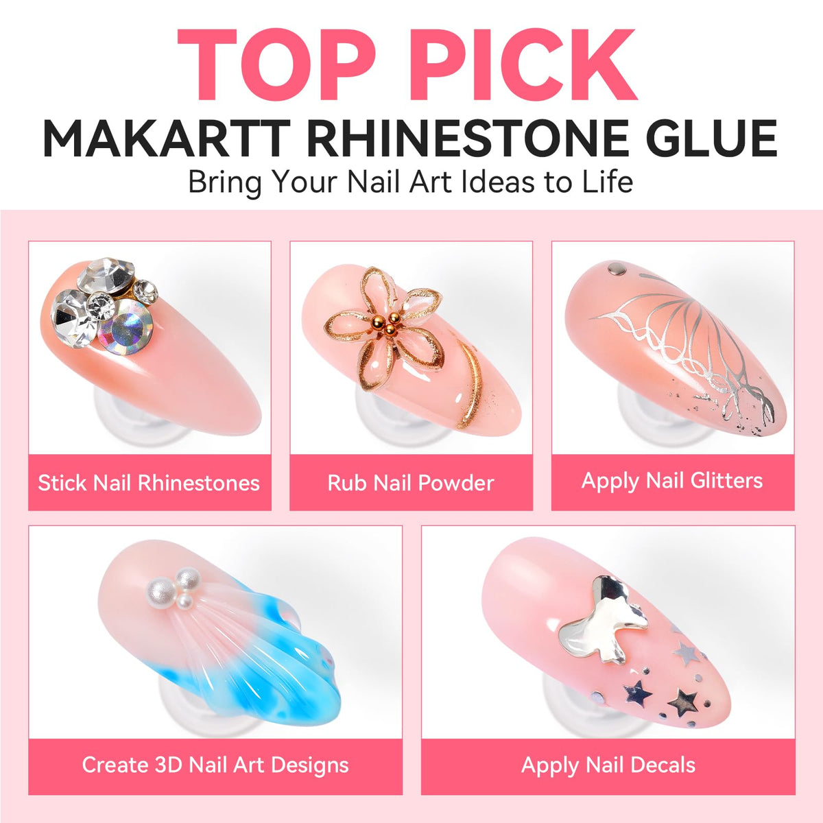 Makartt Nail Gem Glue 60g with rhinestones on a nail art design