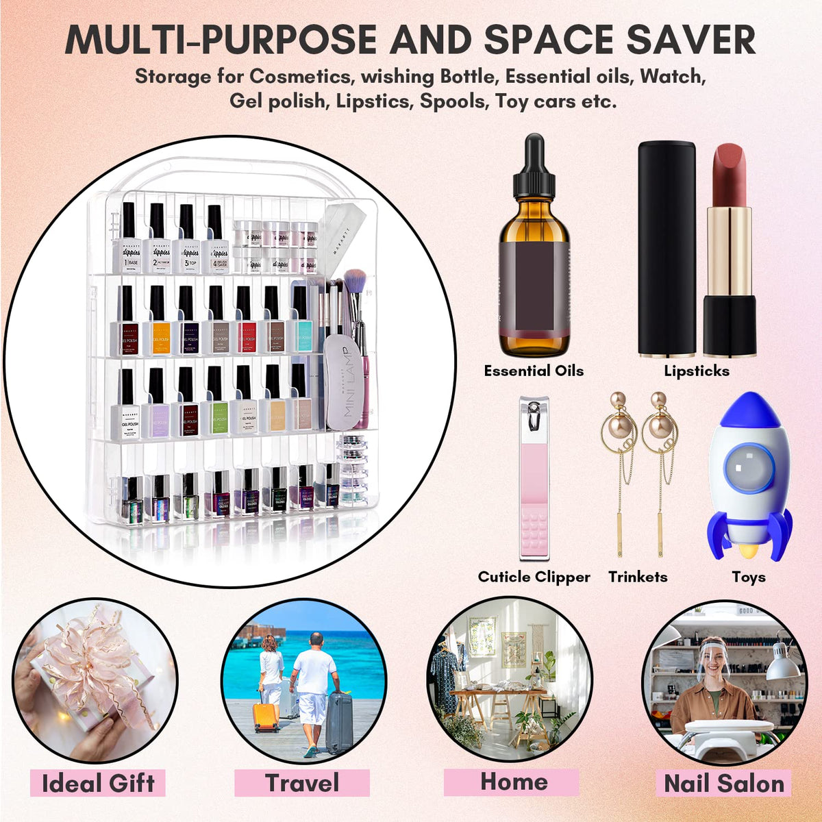 Makartt nail polish organizer showing large compartment for supplies