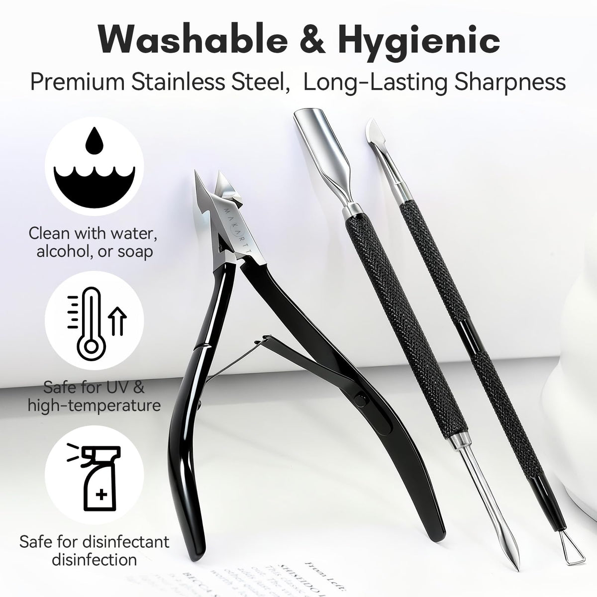 Makartt nail trimmer showing dual-blade cleaner for nail debris