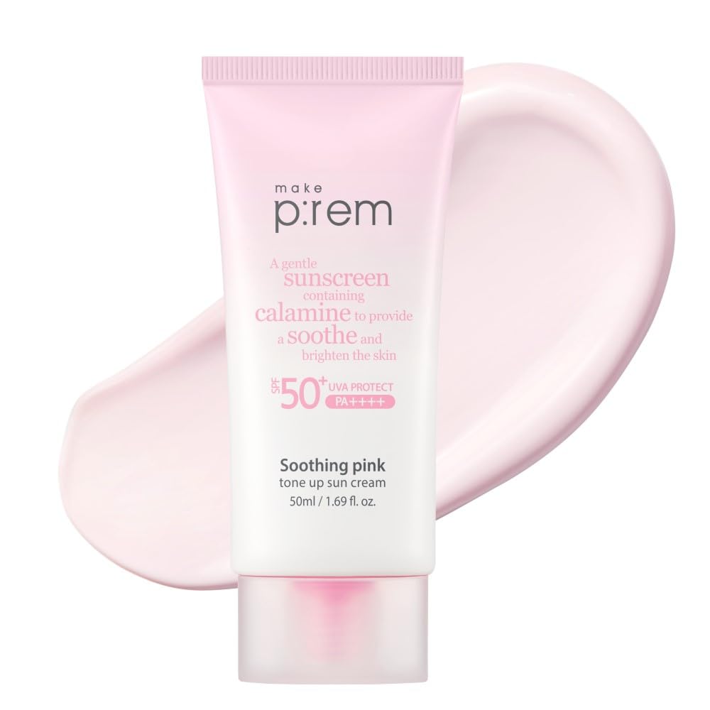 MAKEP:REM Soothing Pink Tone Up Sunscreen front view with packaging