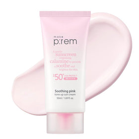 MAKEP:REM Soothing Pink Tone Up Sunscreen front view with packaging