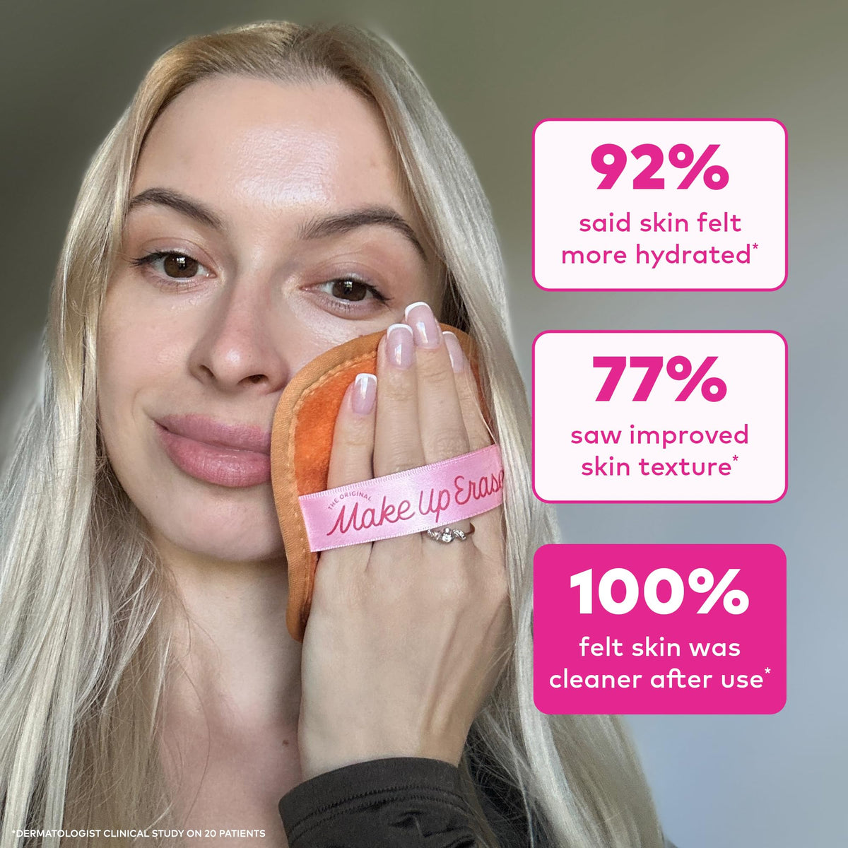 MakeUp Eraser cloth in use on a model's face
