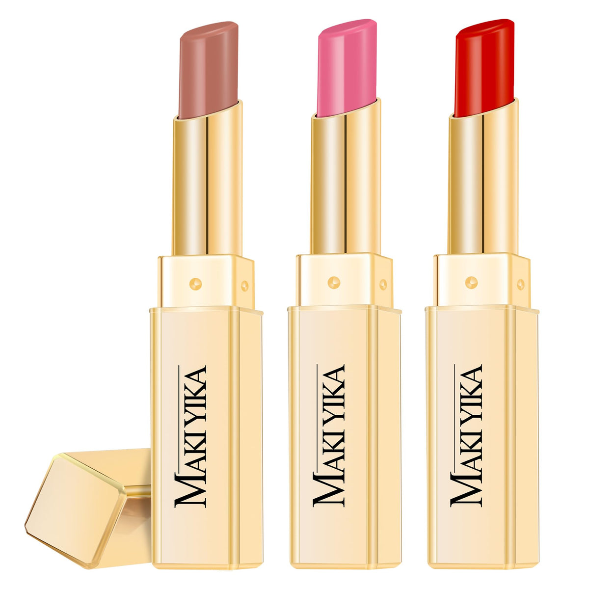 MAKI YIKA 3Pc Moisture Lipsticks set with nude, pink, and red shades