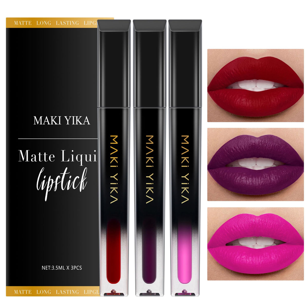 MAKI YIKA Matte Liquid Lipstick Set front view with three shades