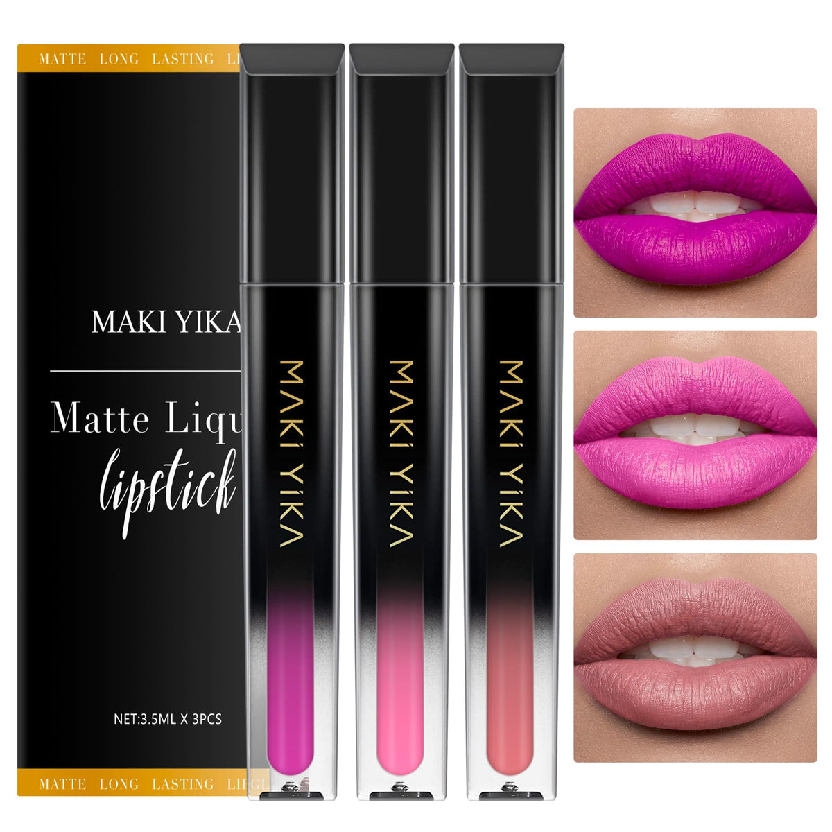 MAKI YIKA Matte Liquid Lipstick Set - Hot Pink, Red, and Nude tubes front view
