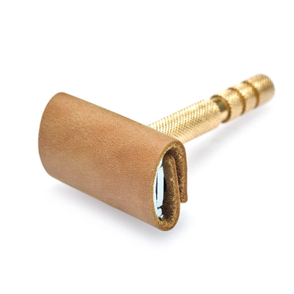 MAKYN Safety Razor Head Leather Cover front view in vintage brown