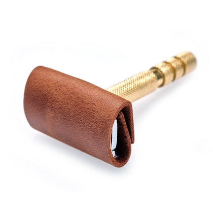 MAKYN Safety Razor Head Leather Cover in cognac colour front view