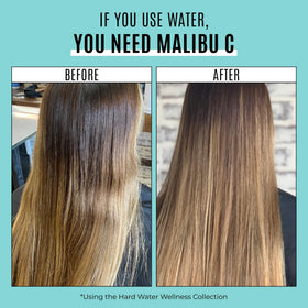 Malibu C Hard Water Conditioner on bathroom shelf