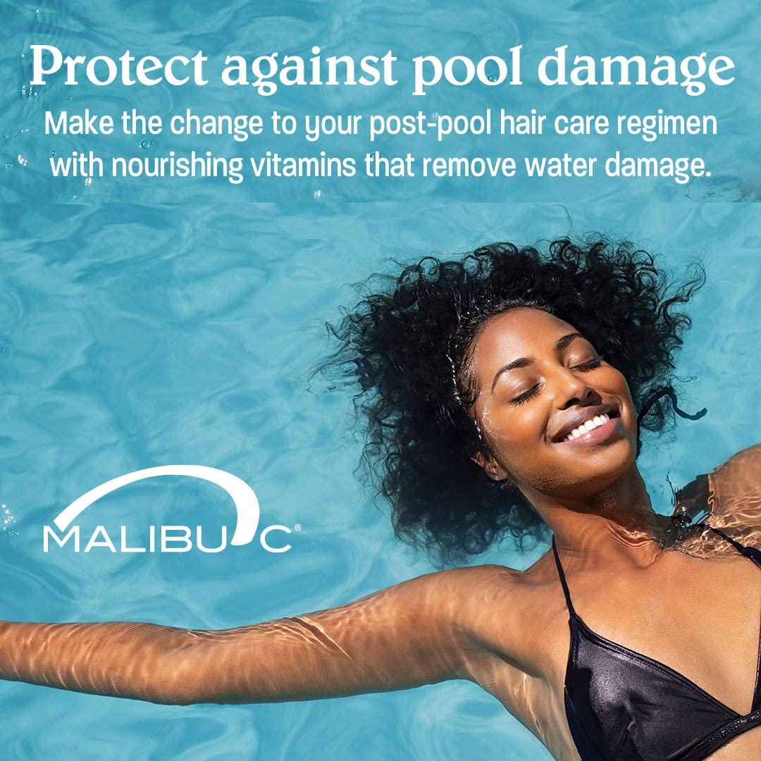 Malibu C Swimmers Wellness Clarifying Shampoo in a bathroom setting