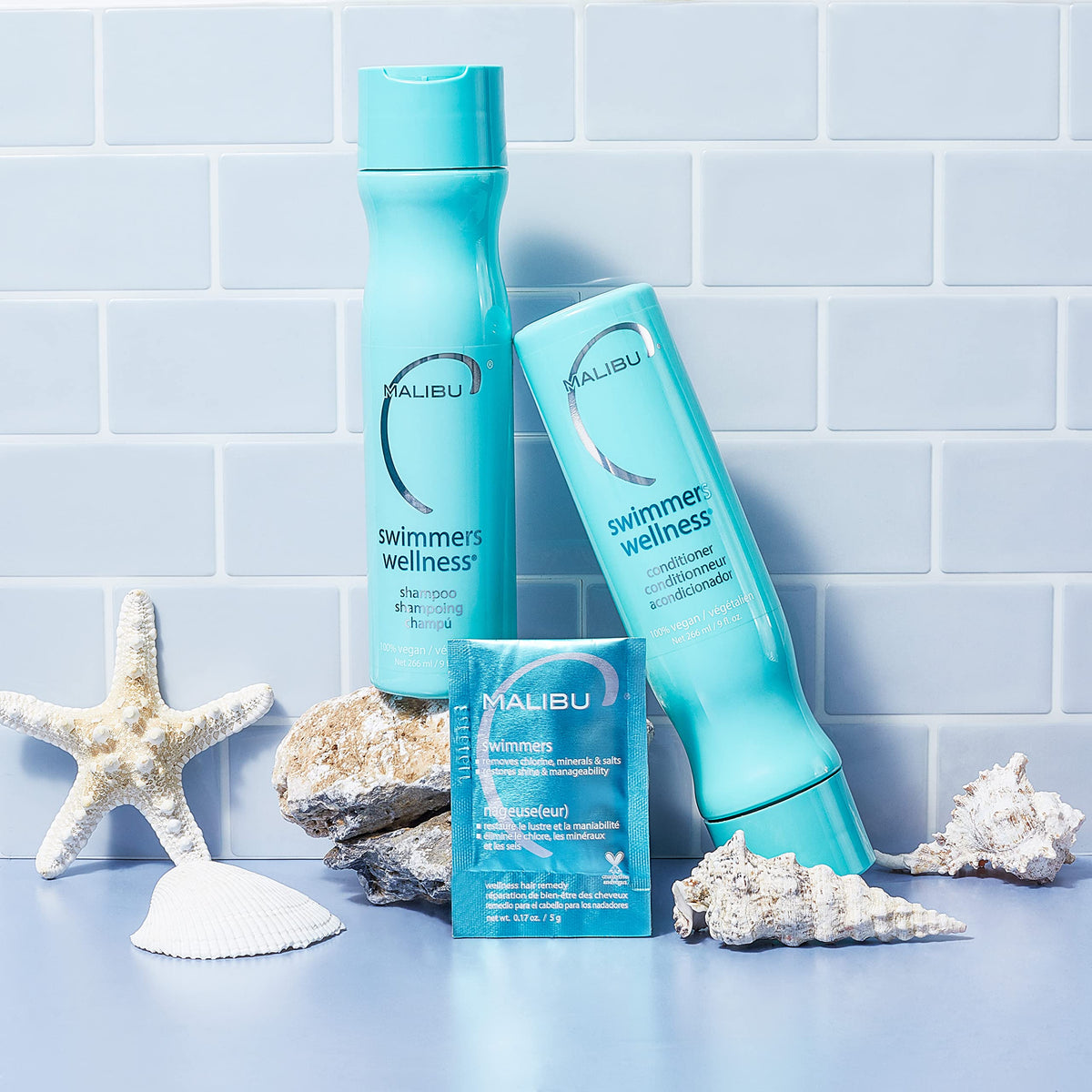Malibu C Swimmers Wellness Remedy product packaging on a countertop