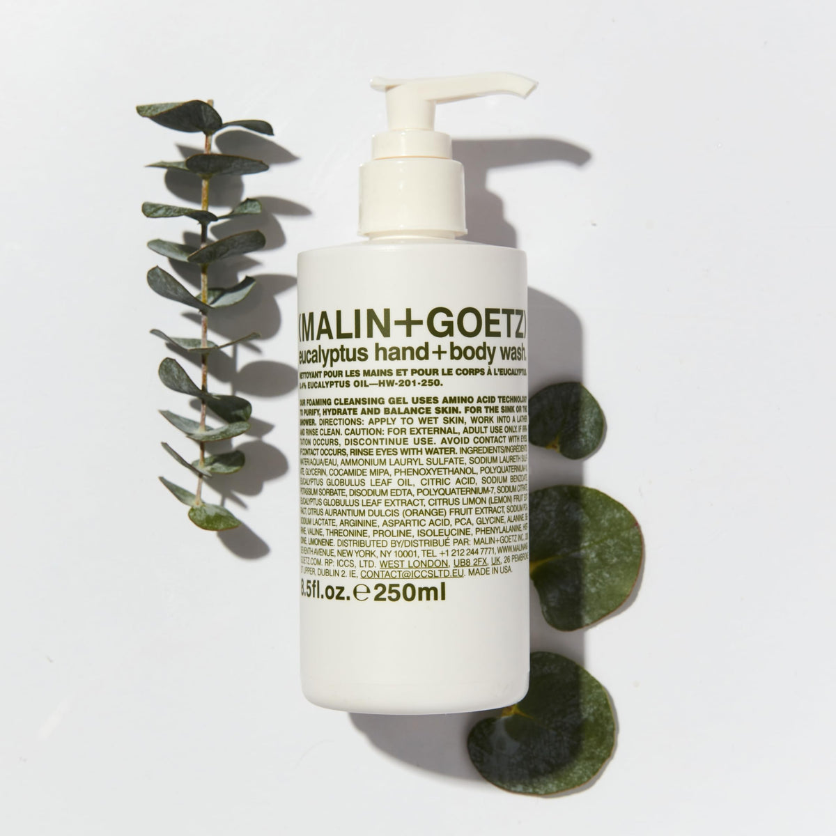 MALIN+GOETZ Eucalyptus Hand + Body Wash in a bathroom setting