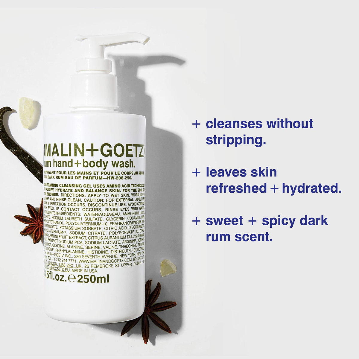 MALIN+GOETZ Rum Hand + Body Wash 16 fl oz in a bathroom setting