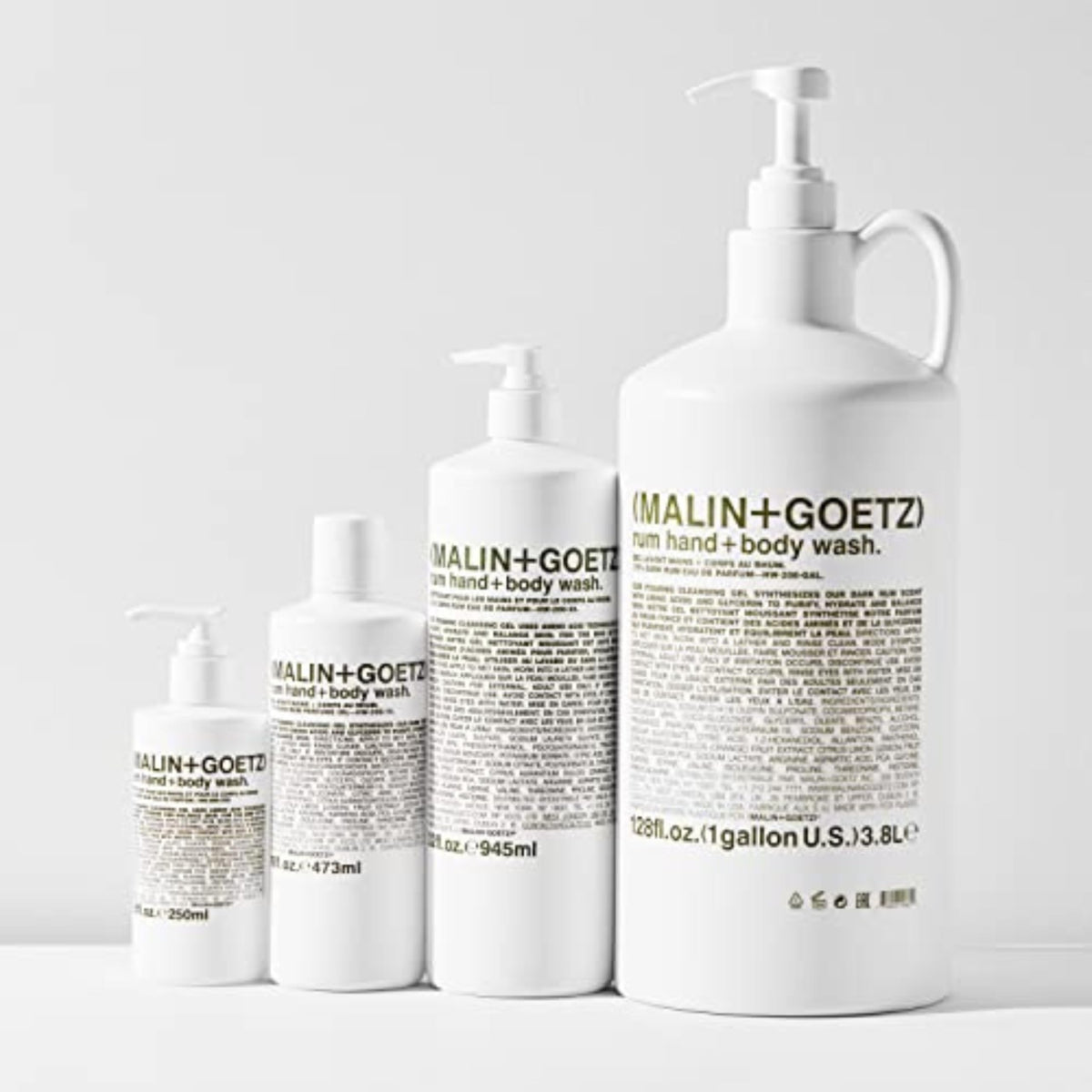 MALIN+GOETZ Rum Hand + Body Wash in a minimalist bathroom