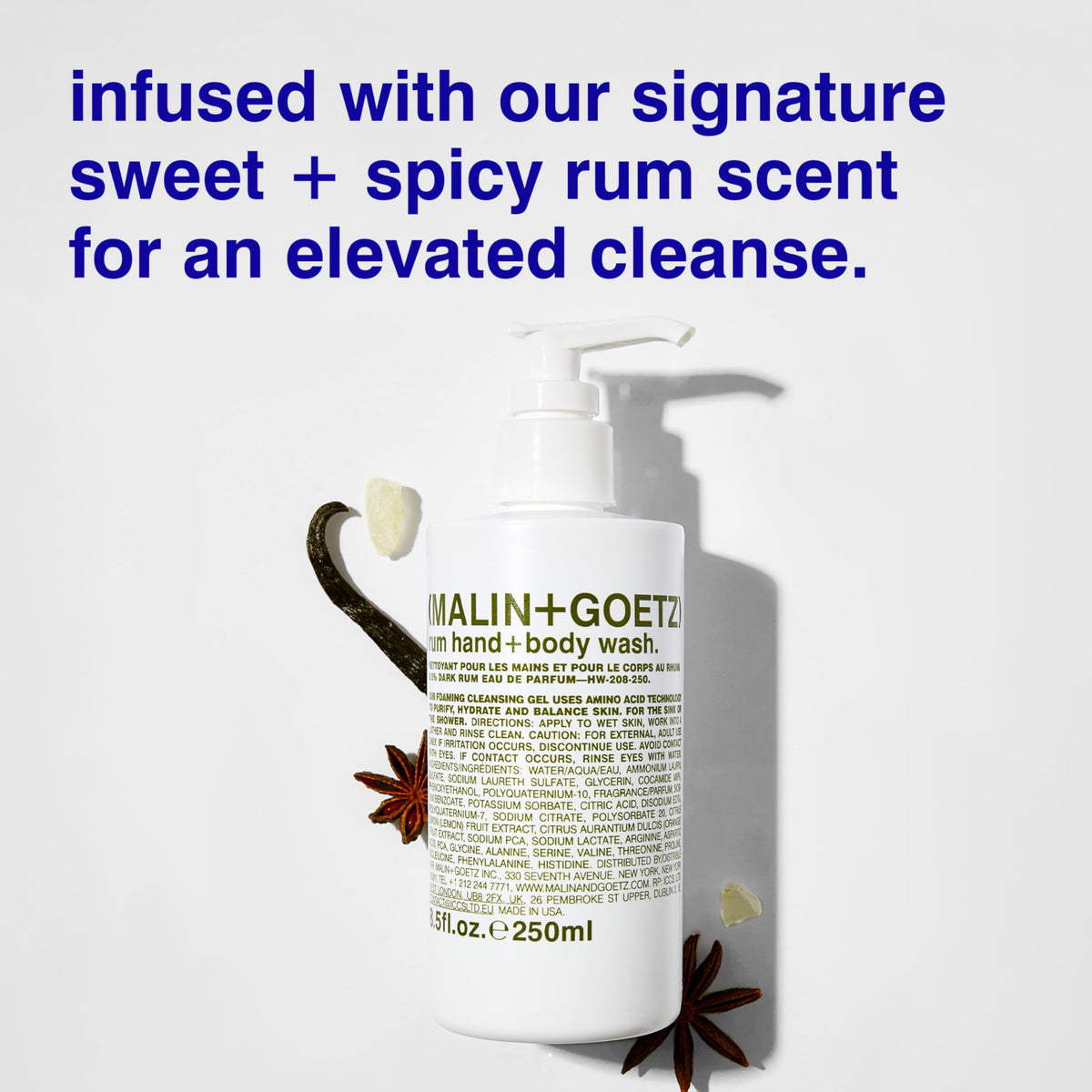 MALIN+GOETZ Rum Hand + Body Wash lathering in a shower