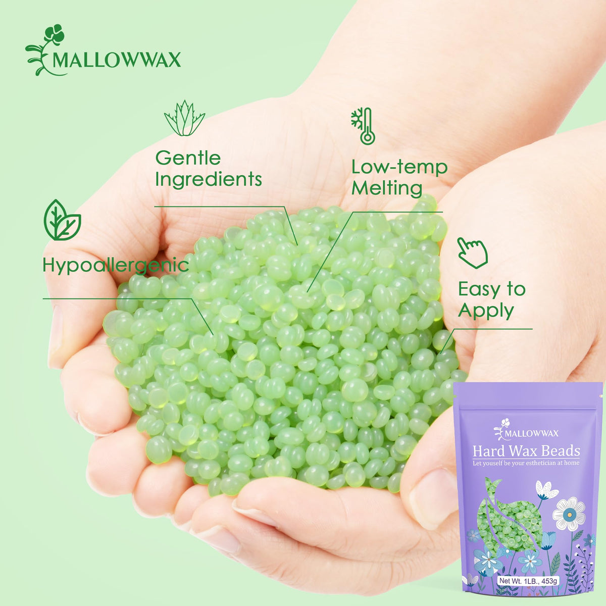 Mallowwax Aloe Hard Wax Beads on a waxing strip
