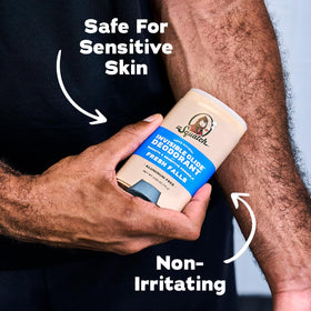 Man applying Dr. Squatch deodorant after shower
