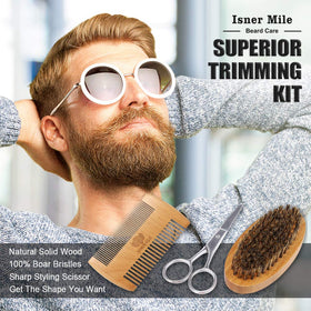Man grooming beard with Comfy Mate Beard Kit