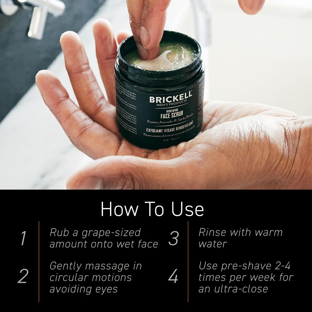 Man using Brickell Men's Renewing Face Scrub in bathroom