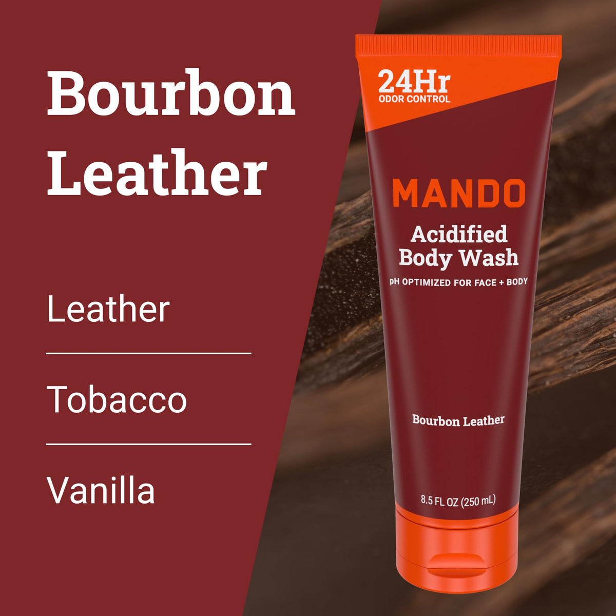Mando Body Wash bottles with a natural wood background