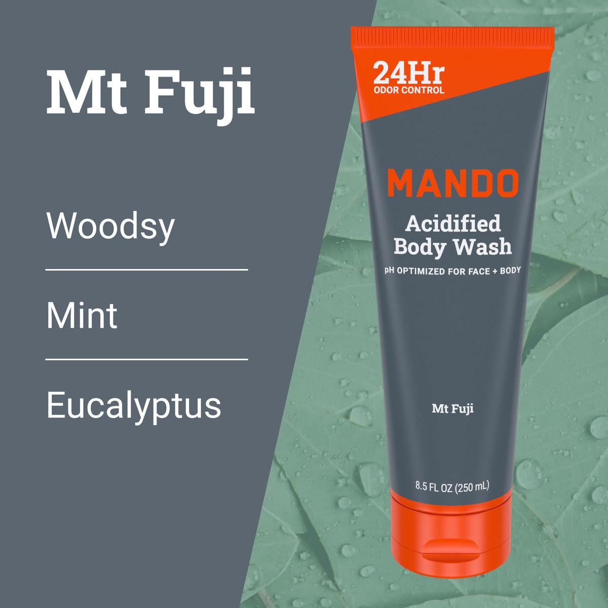 Mando Body Wash in a shower setting with fresh eucalyptus leaves