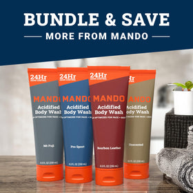 Mando Body Wash with a towel and soap dish on a vanity