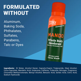 Mando deodorant can back view with ingredient details