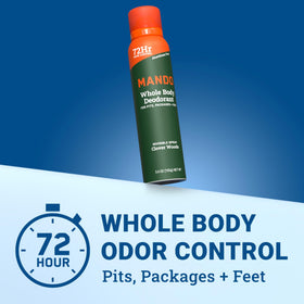 Mando deodorant can side view with Clover Woods scent label